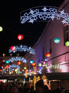 Festive light display on the streets of Bath. The Christmas lights of Bath 2019.